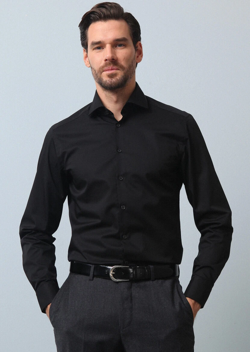 Black Plain Slim Fit Weaving Classical Cotton Blended Shirt - 4