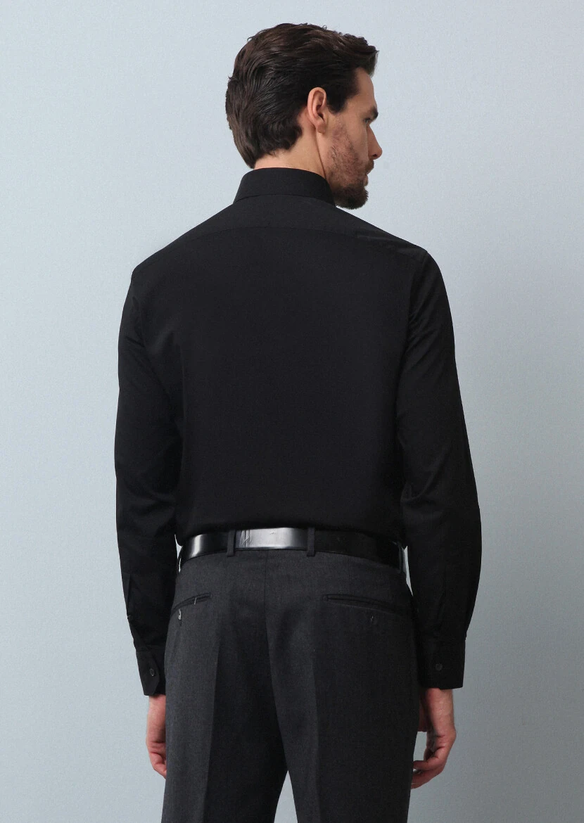 Black Plain Slim Fit Weaving Classical Cotton Blended Shirt - 5