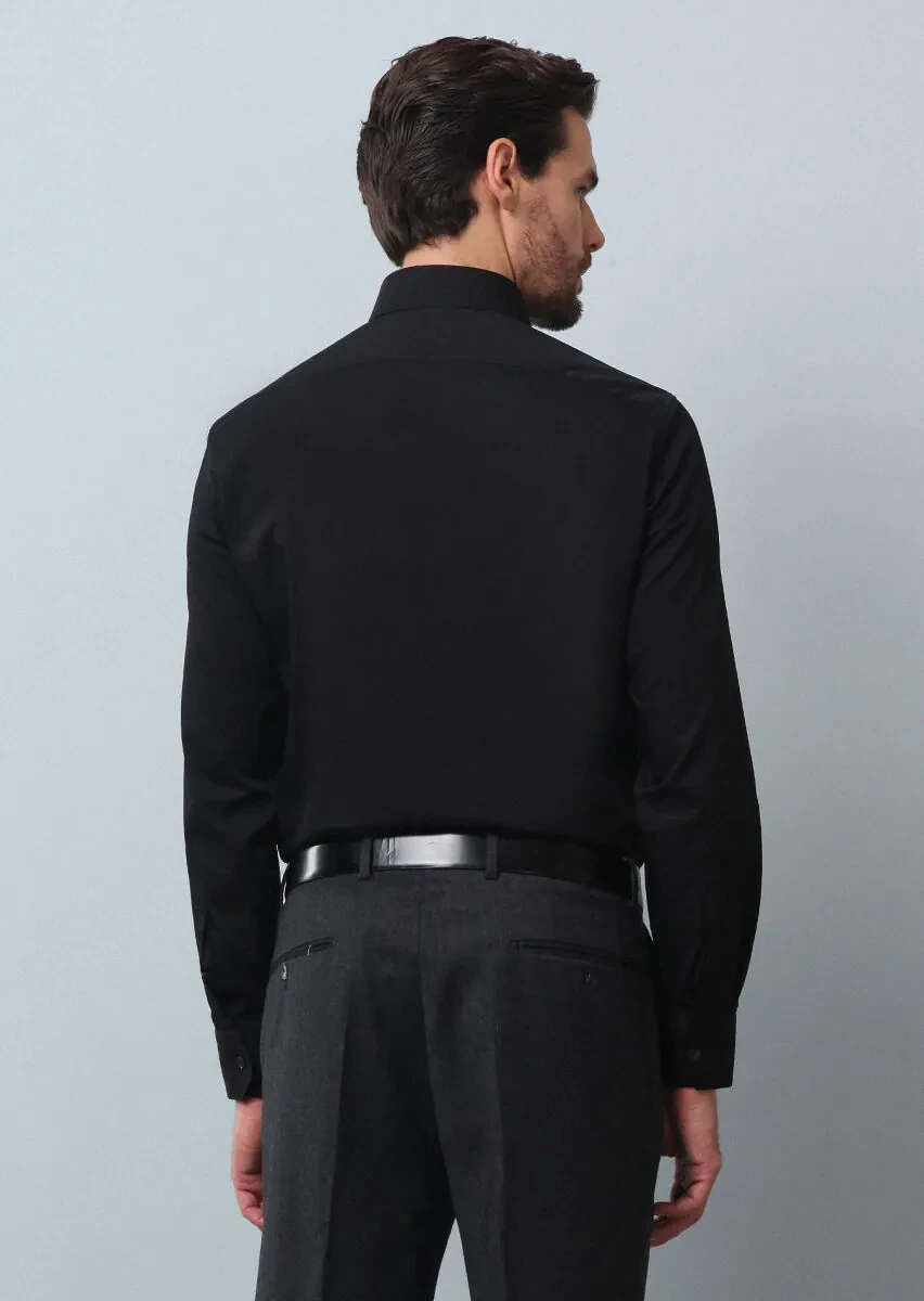 Black Plain Slim Fit Weaving Classical Cotton Blended Shirt - 5