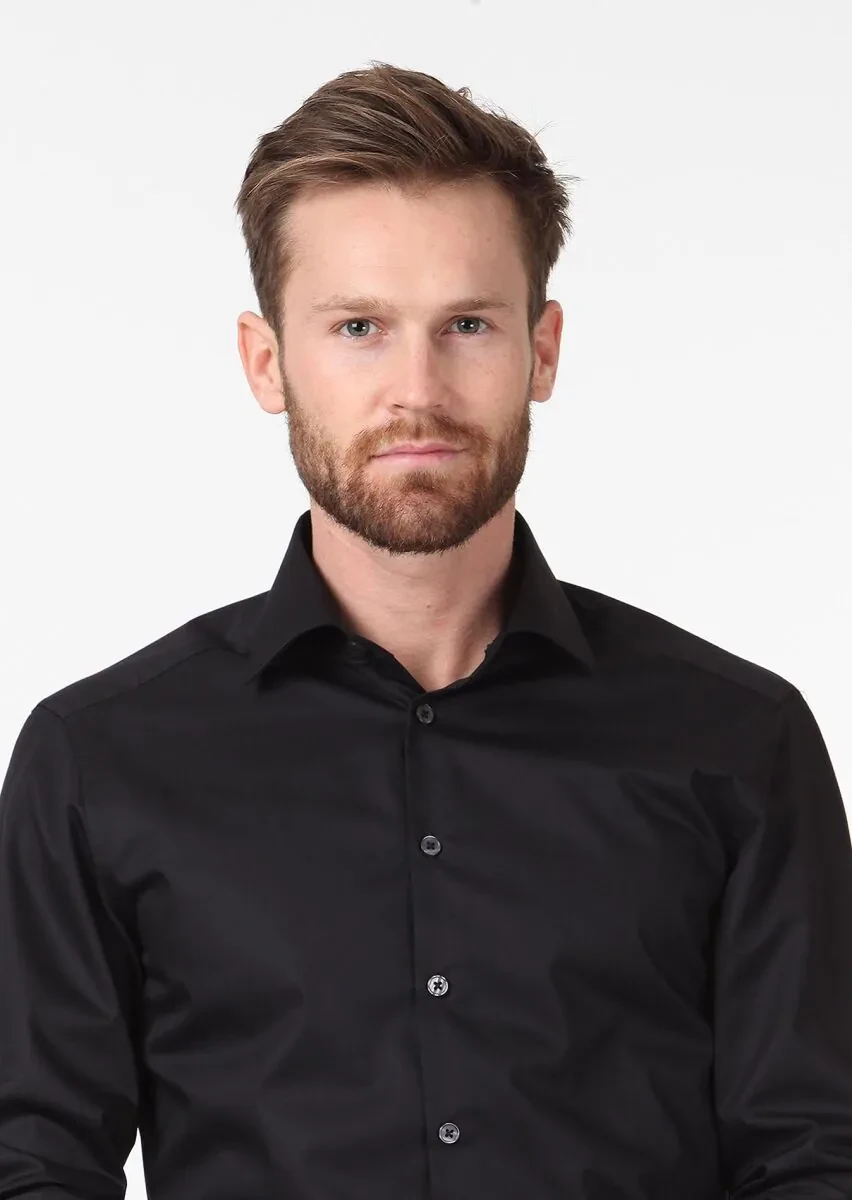 Black Plain Slim Fit Weaving Classical Cotton Blended Shirt - 2
