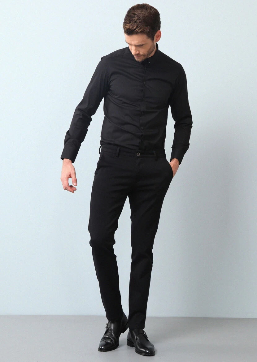 Black Plain Slim Fit Weaving Classical Cotton Blended Shirt - 1