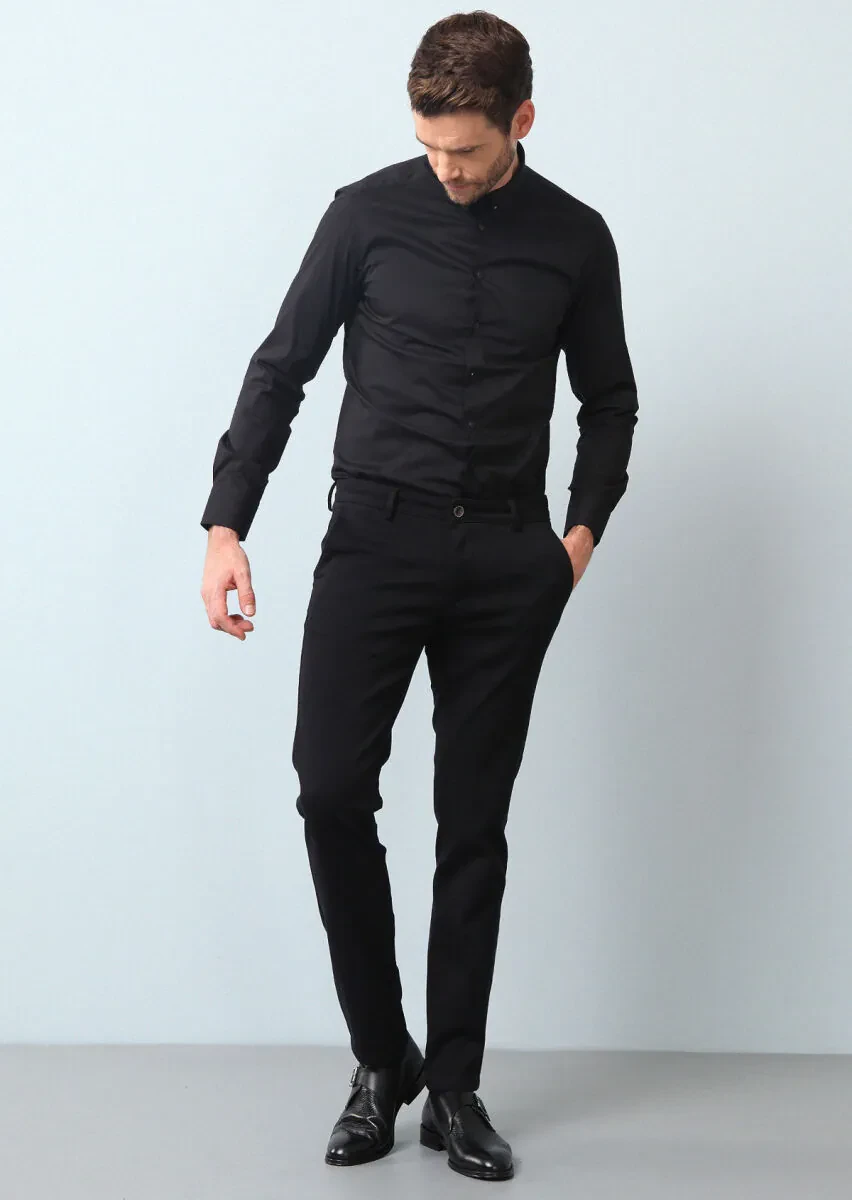 Black Plain Slim Fit Weaving Classical Cotton Blended Shirt - 1