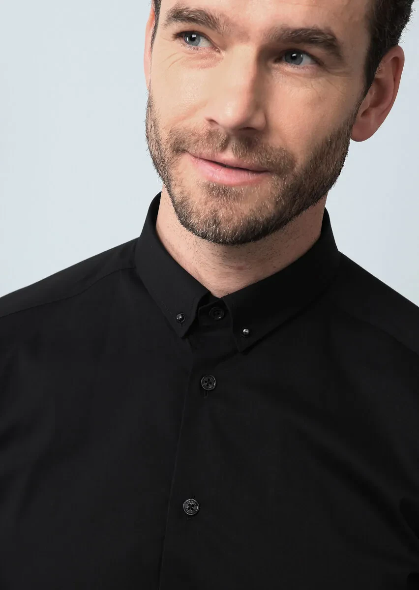 Black Plain Slim Fit Weaving Classical Cotton Blended Shirt - 3