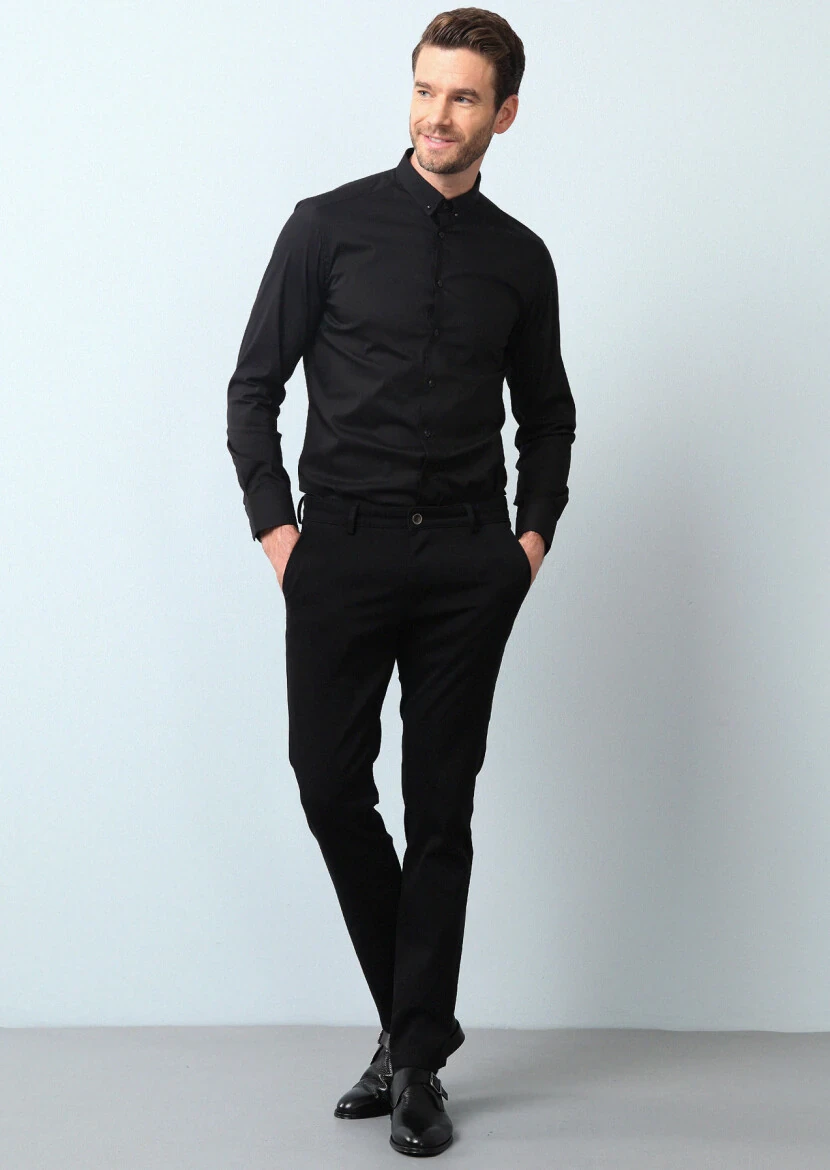 Black Plain Slim Fit Weaving Classical Cotton Blended Shirt - 4