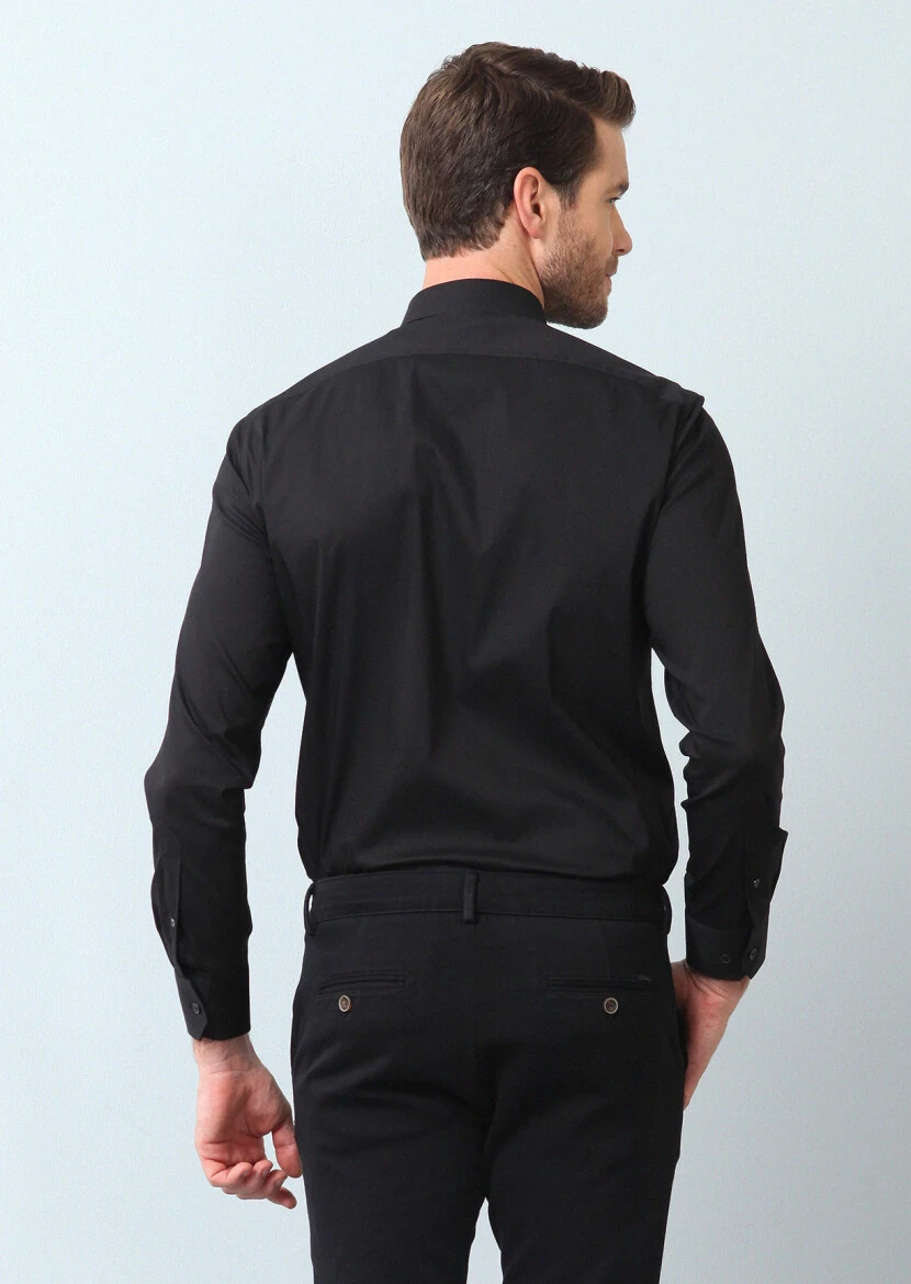 Black Plain Slim Fit Weaving Classical Cotton Blended Shirt - 5