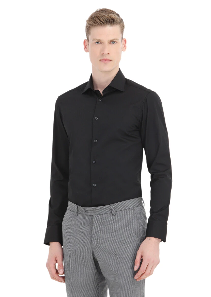 Black Plain Slim Fit Weaving Classical Cotton Blended Shirt - RAMSEY
