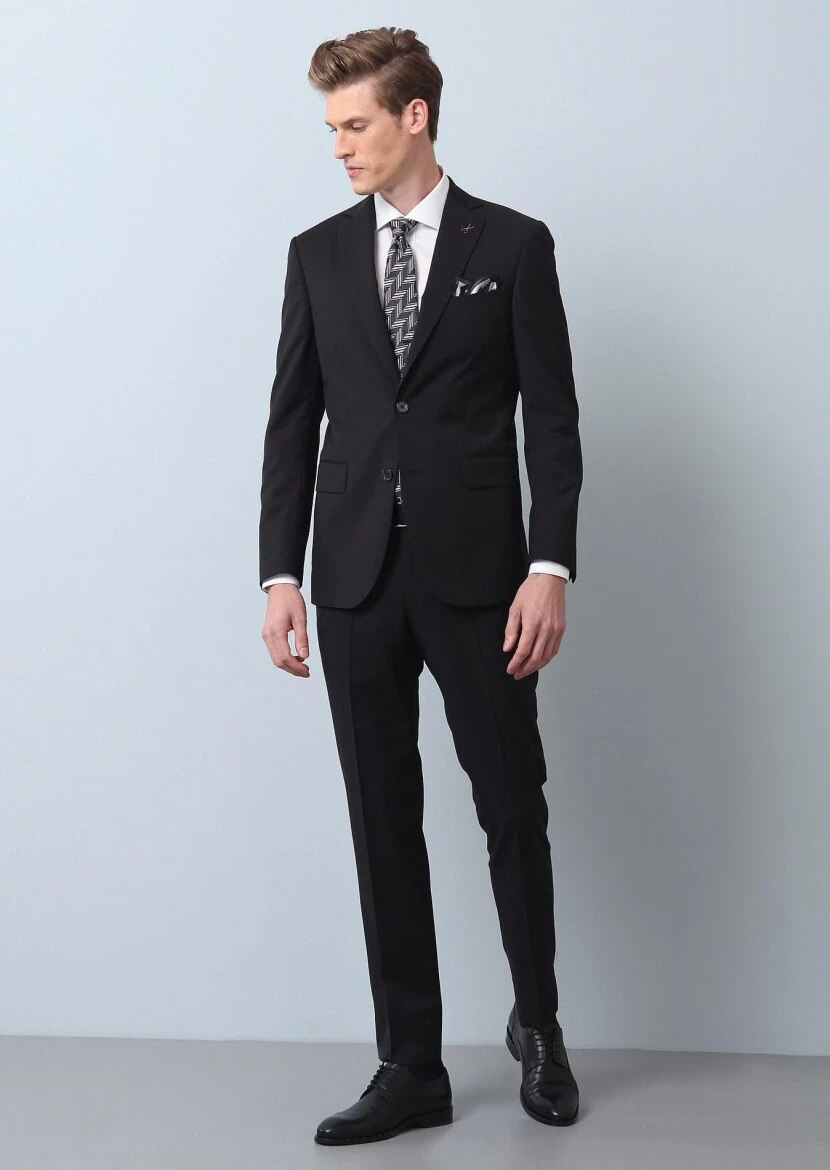 Black Plain Thin&Taller Slim Fit 100% Wool Suit - 1