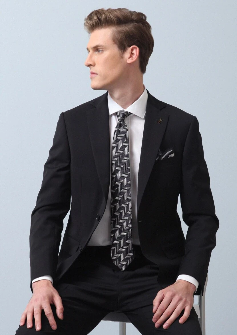 Black Plain Thin&Taller Slim Fit 100% Wool Suit - 2
