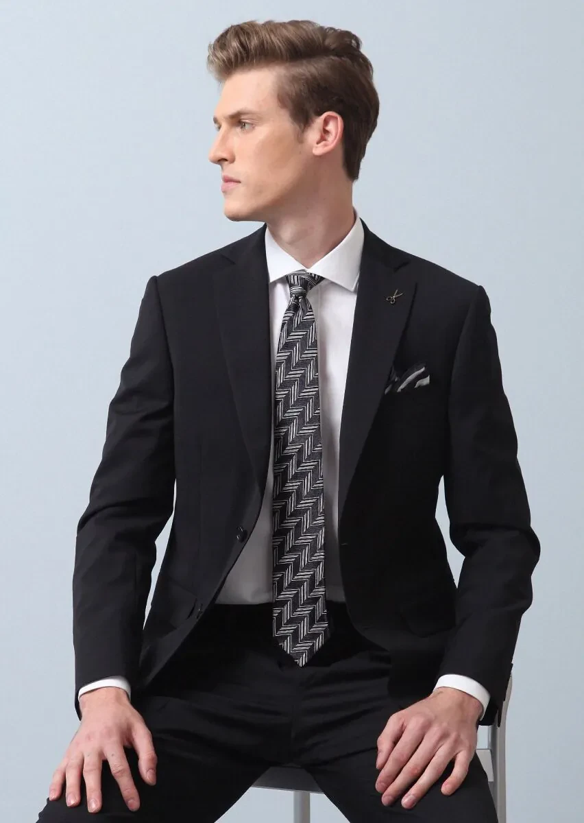 Black Plain Thin&Taller Slim Fit 100% Wool Suit - 2