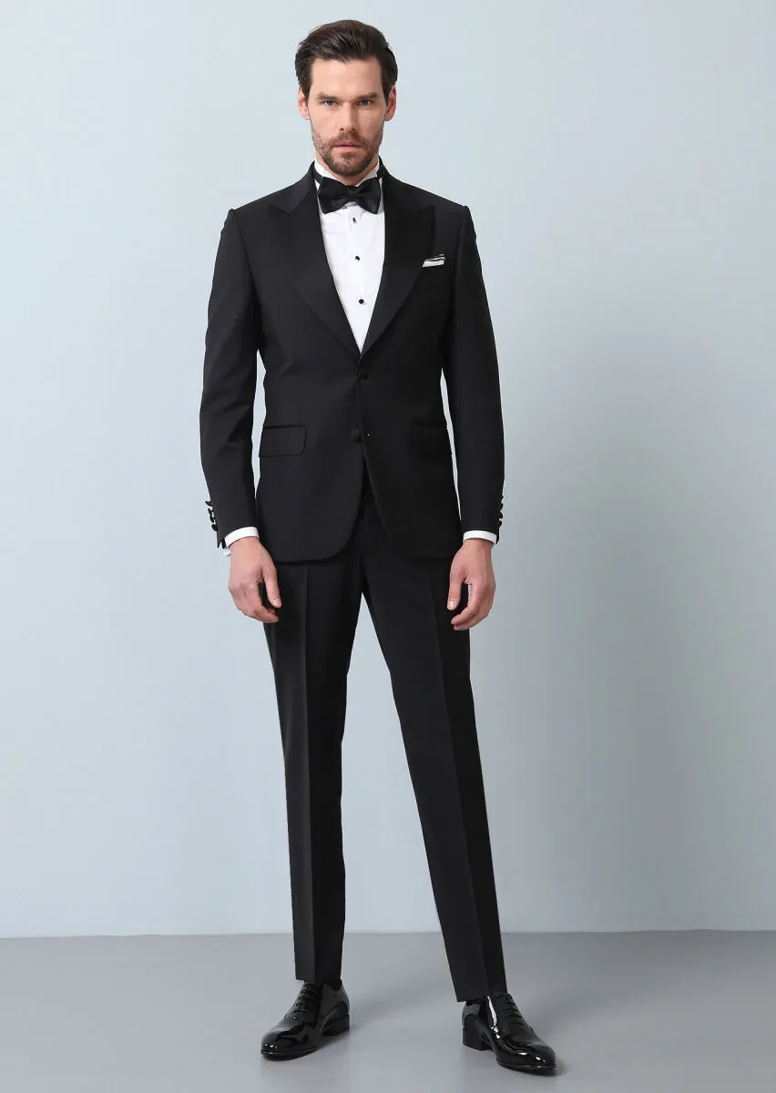 Black Plain Thin&Taller Slim Fit Double Breasted Collar Weaving Tuxedo - 2