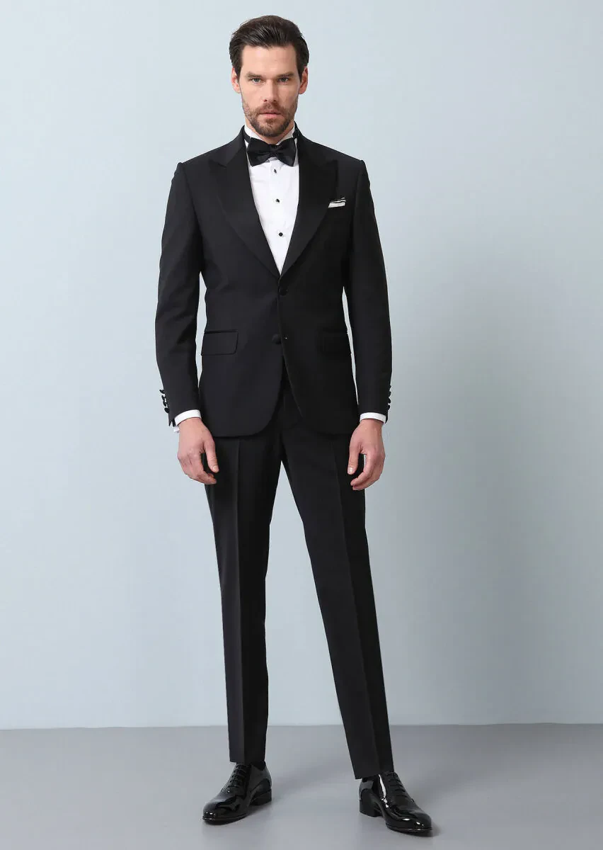 Black Plain Thin&Taller Slim Fit Double Breasted Collar Weaving Tuxedo - 1