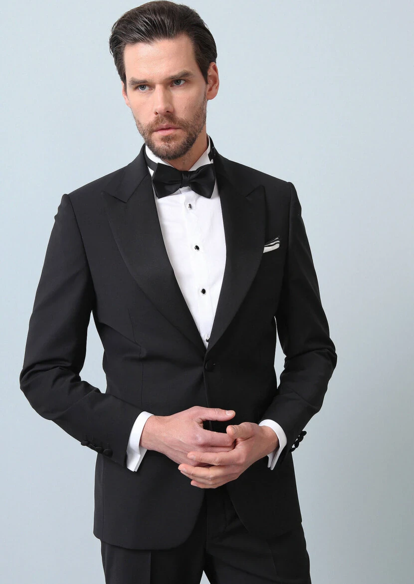 Black Plain Thin&Taller Slim Fit Double Breasted Collar Weaving Tuxedo - RAMSEY