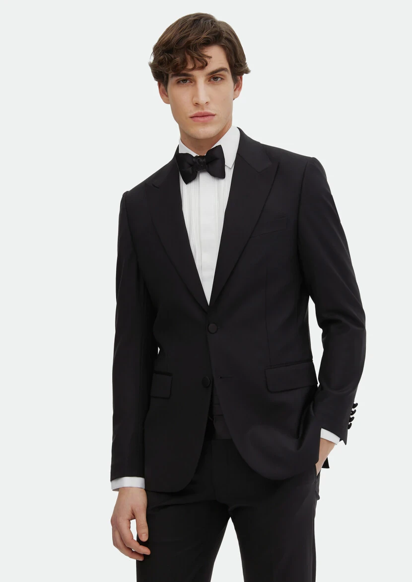 Black Plain Thin&Taller Slim Fit Double Breasted Collar Weaving Tuxedo - RAMSEY