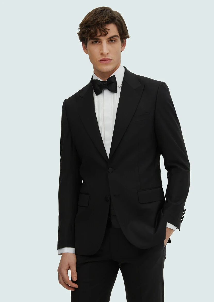 Black Plain Thin&Taller Slim Fit Double Breasted Collar Weaving Tuxedo - RAMSEY