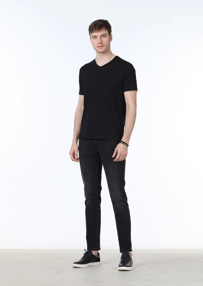 Black Plain V-Neck Cotton Blended T-Shirt 