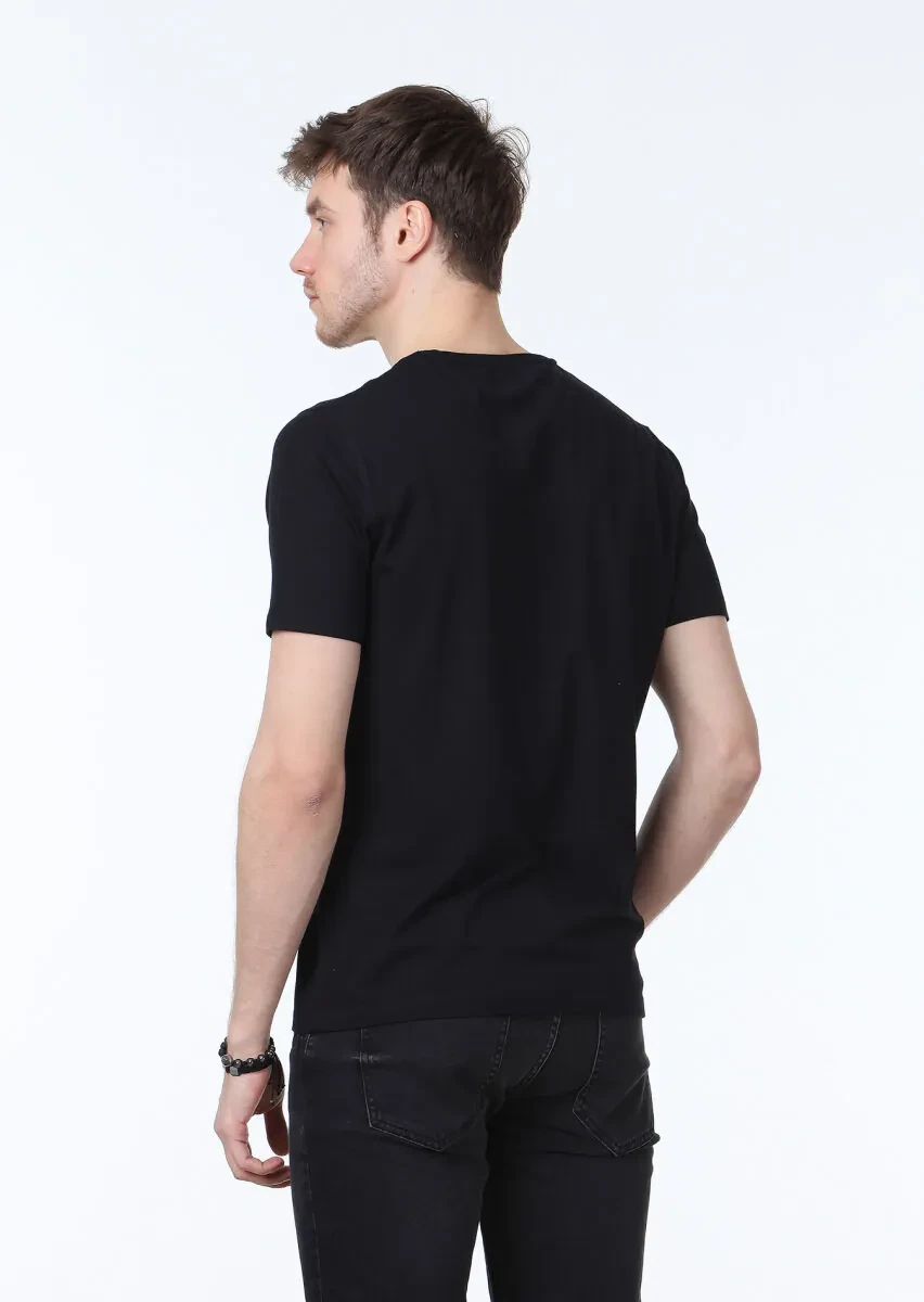 Black Plain V-Neck Cotton Blended T-Shirt - 4