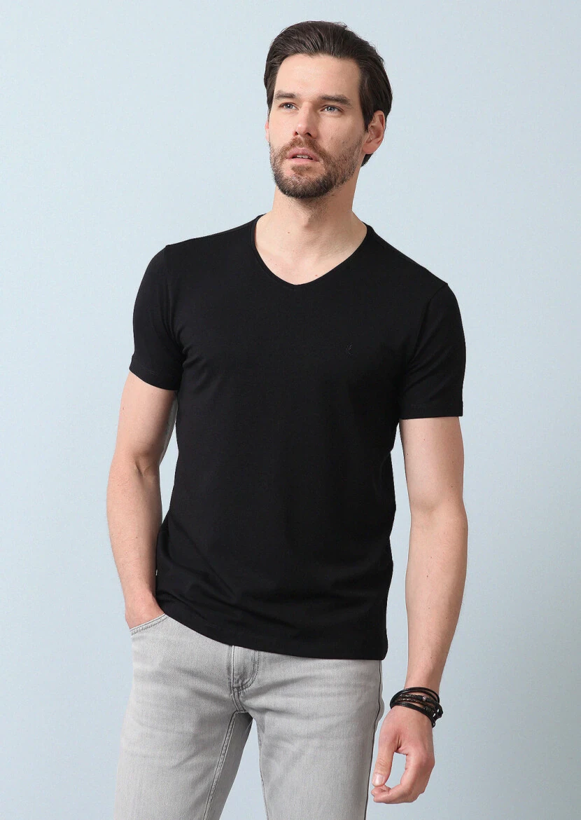 Black Plain V-Neck Cotton Blended T-Shirt 