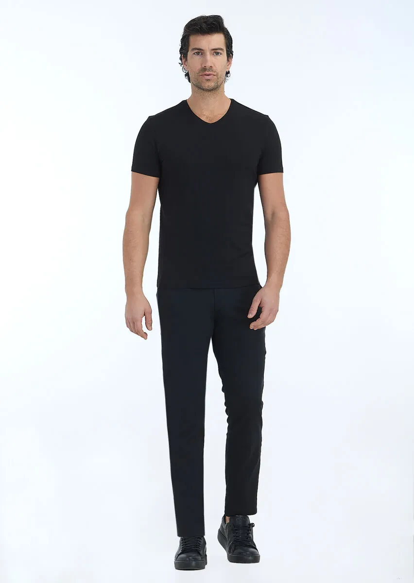 Black Plain V-Neck Cotton Blended T-Shirt - 1