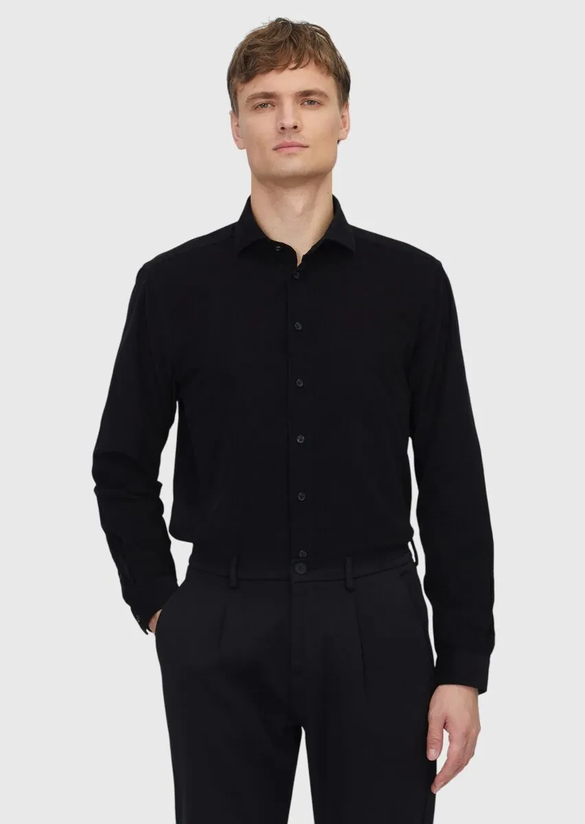 Black Plain Weaving Casual 100% Cotton Shirt - 1