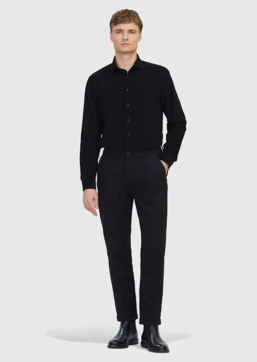 Black Plain Weaving Casual 100% Cotton Shirt - 2