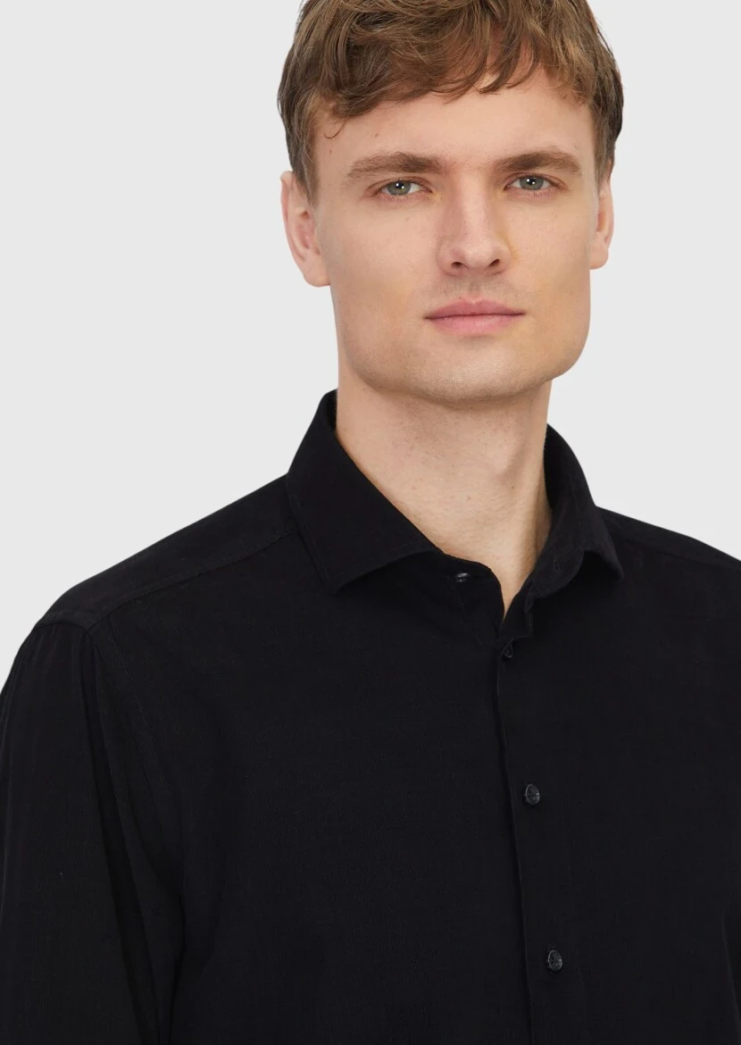 Black Plain Weaving Casual 100% Cotton Shirt - 3