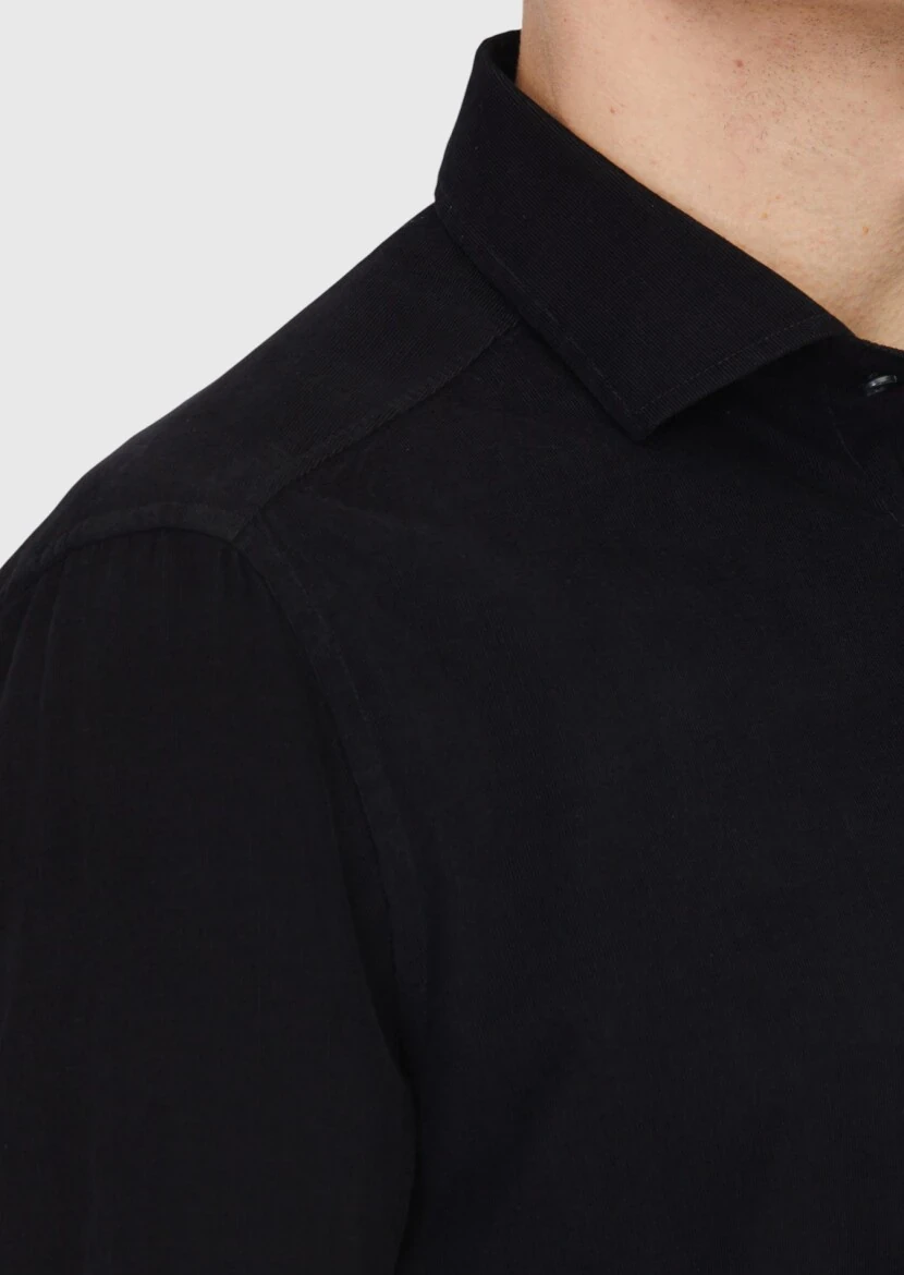 Black Plain Weaving Casual 100% Cotton Shirt - 4