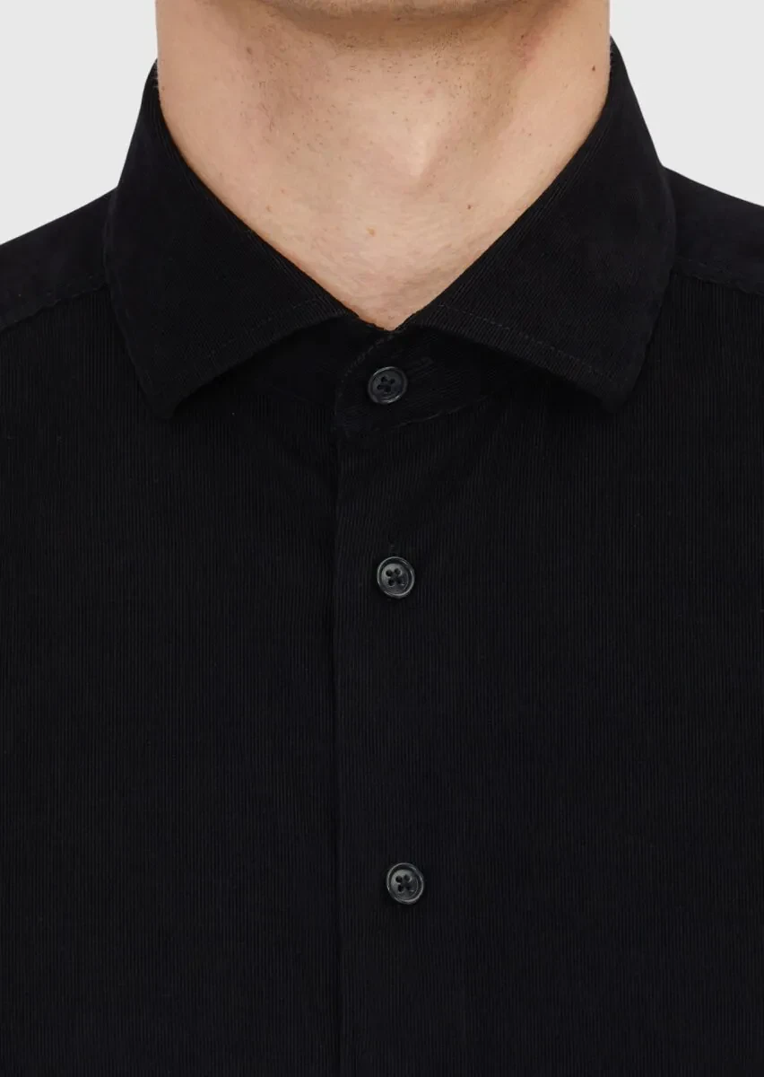 Black Plain Weaving Casual 100% Cotton Shirt - 5
