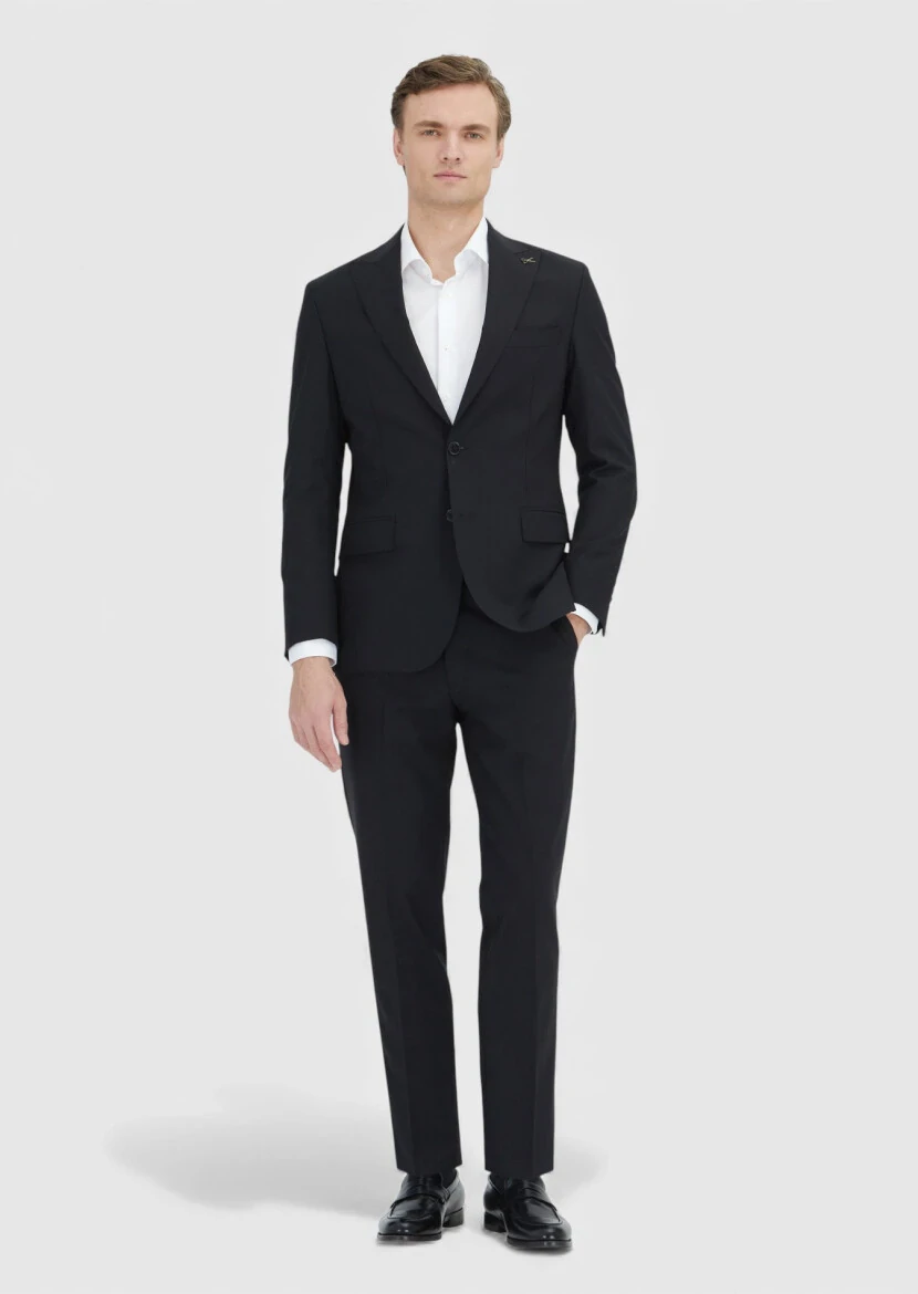 Black Plain Wool Blended Suit - 1