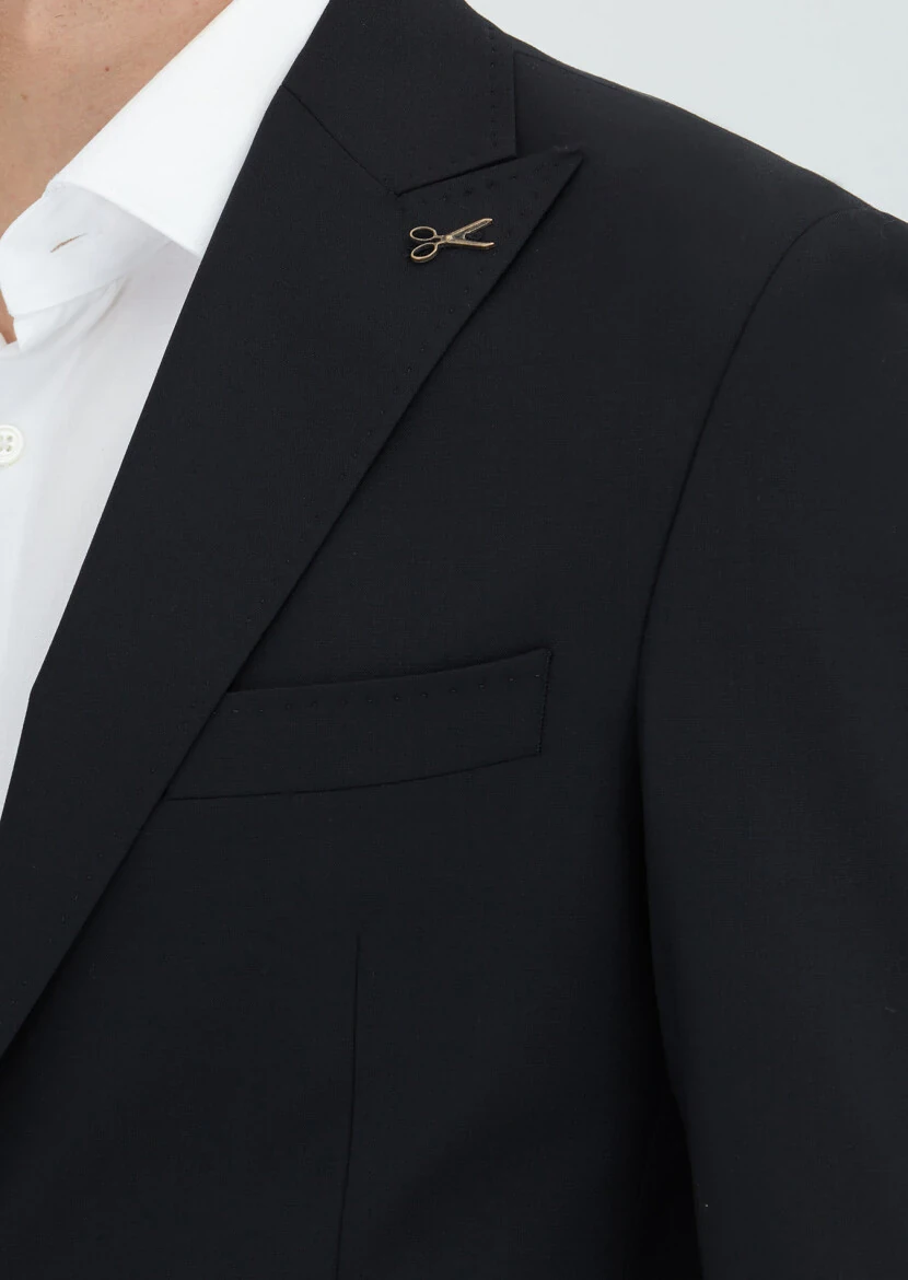 Black Plain Wool Blended Suit - 3