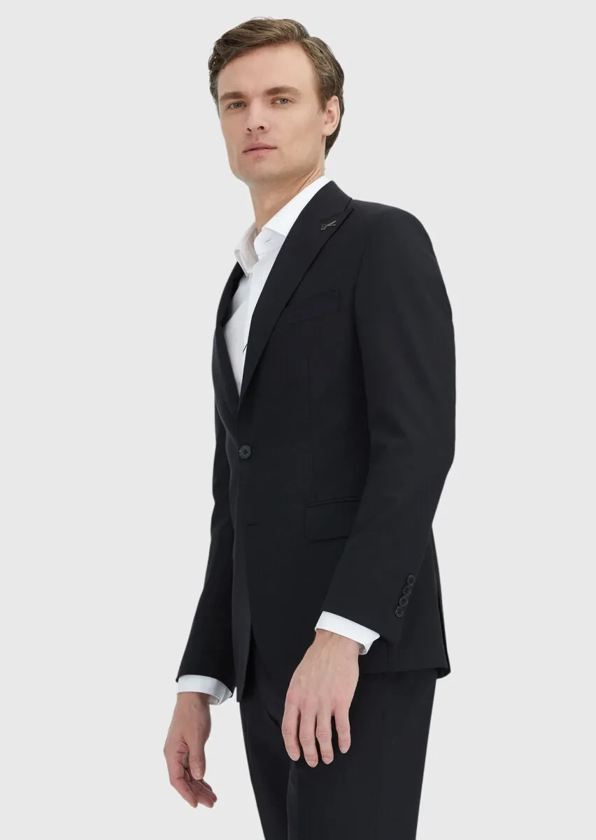 Black Plain Wool Blended Suit - 4