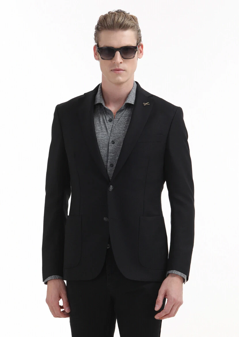 Black Plain Zeroweight Slim Fit 100% Wool Jacket - 1