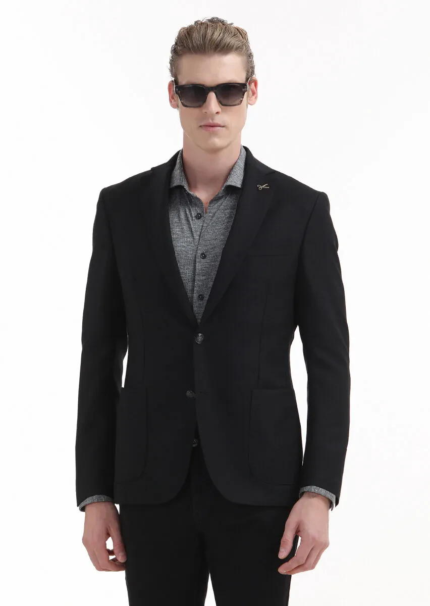 Black Plain Zeroweight Slim Fit 100% Wool Jacket - 1
