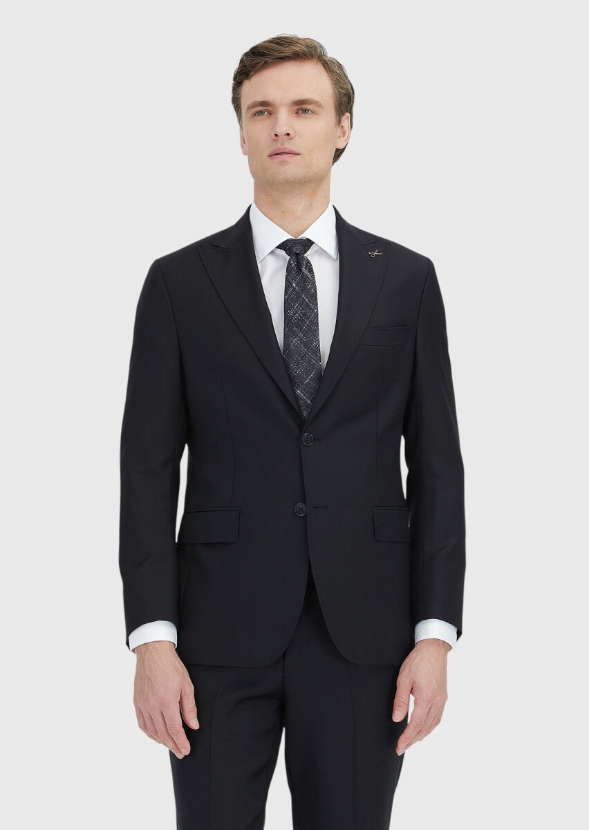 Black Plain Zeroweight Slim Fit 100% Wool Suit - 2