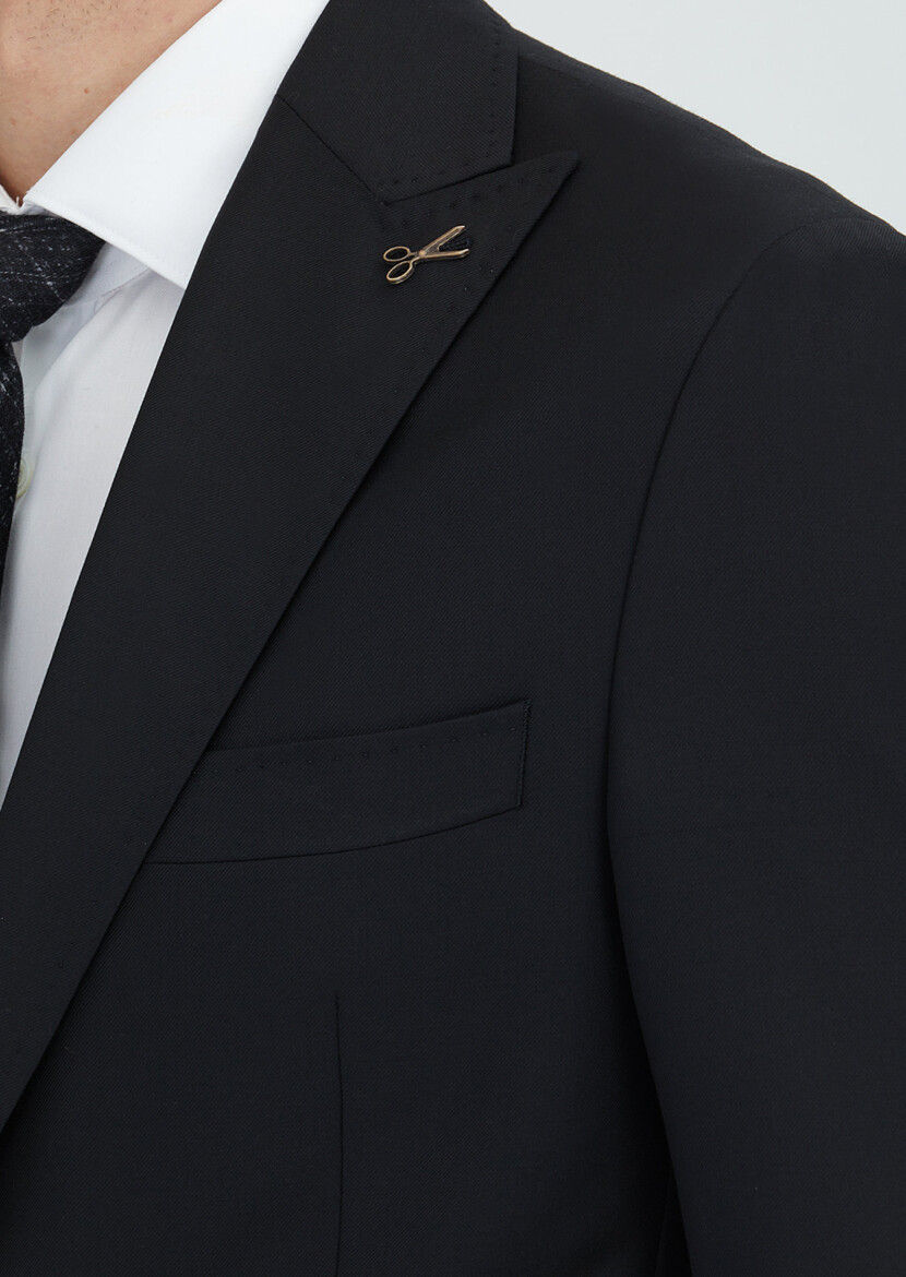 Black Plain Zeroweight Slim Fit 100% Wool Suit - 3