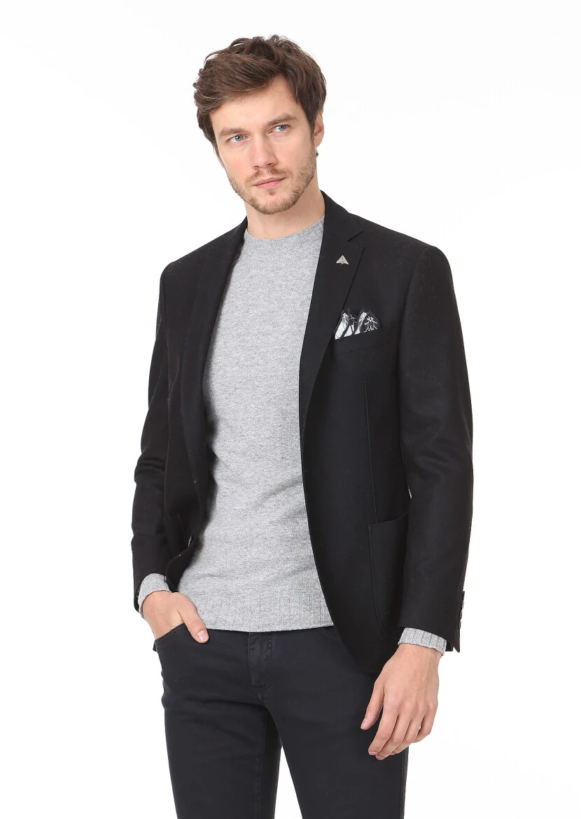 Black Plain Zeroweight Slim Fit Wool Blended Jacket - 1