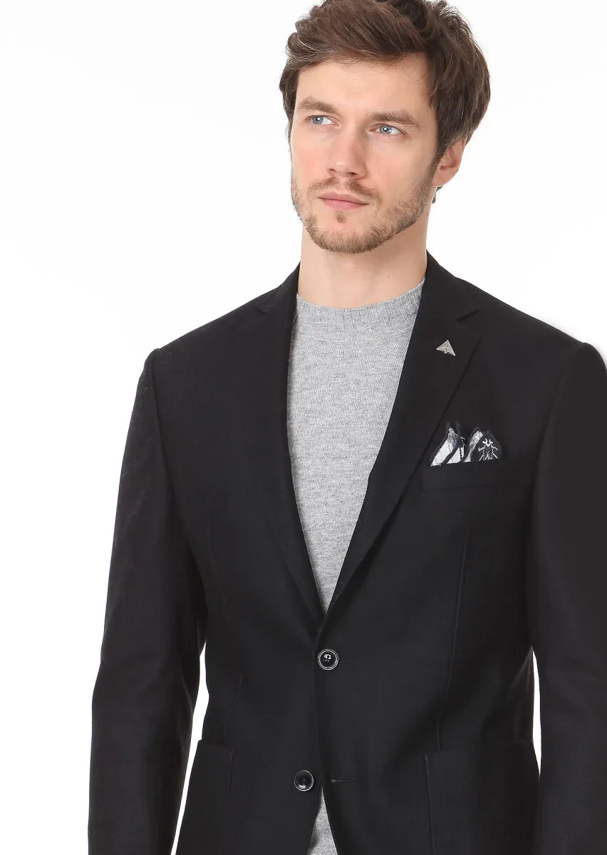Black Plain Zeroweight Slim Fit Wool Blended Jacket - 2