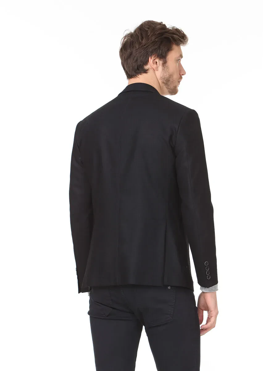 Black Plain Zeroweight Slim Fit Wool Blended Jacket - 5