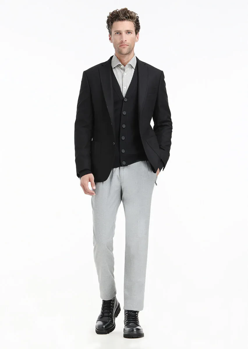 Black Plain Zeroweight Slim Fit Wool Blended Jacket - 1