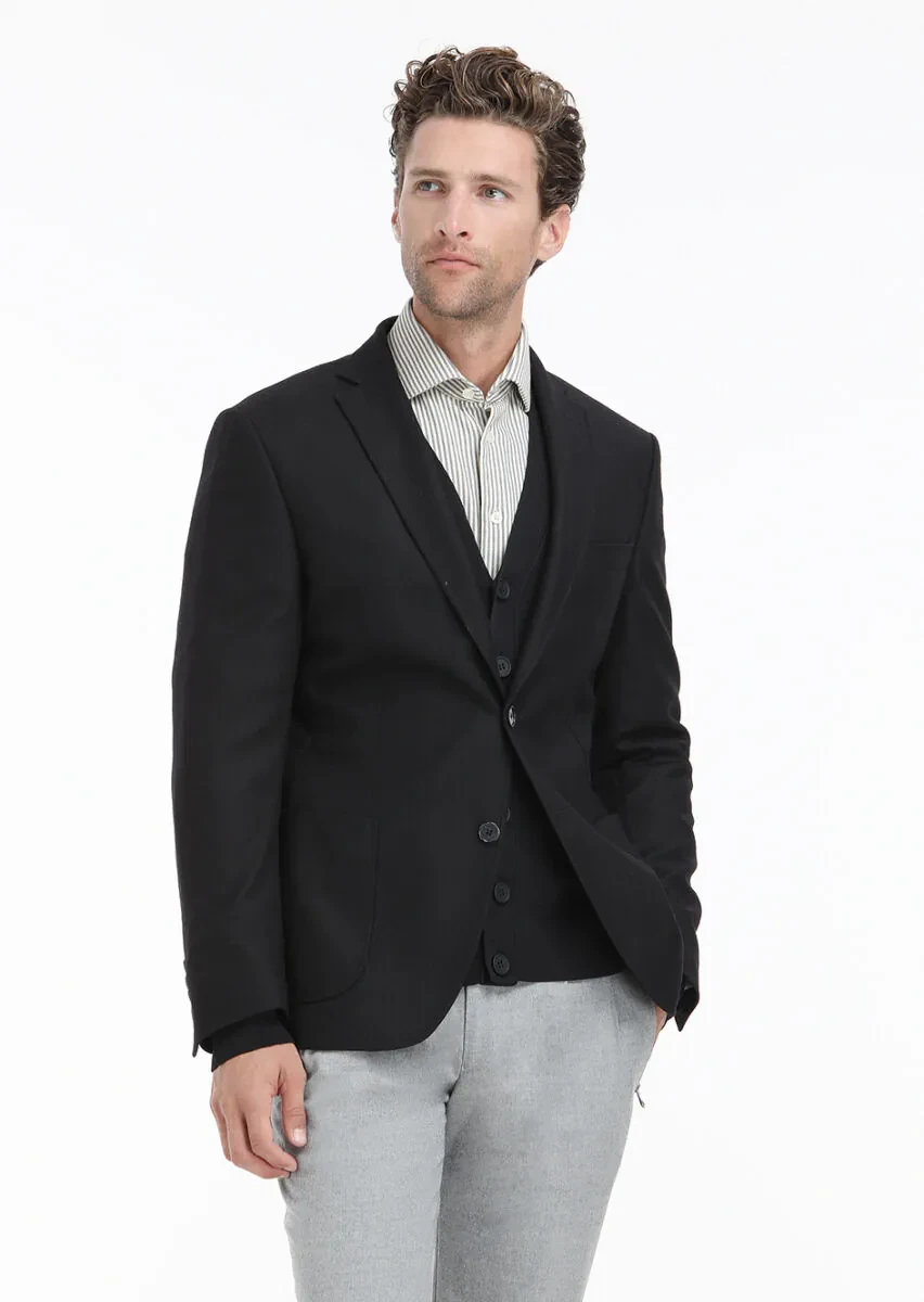 Black Plain Zeroweight Slim Fit Wool Blended Jacket - 2