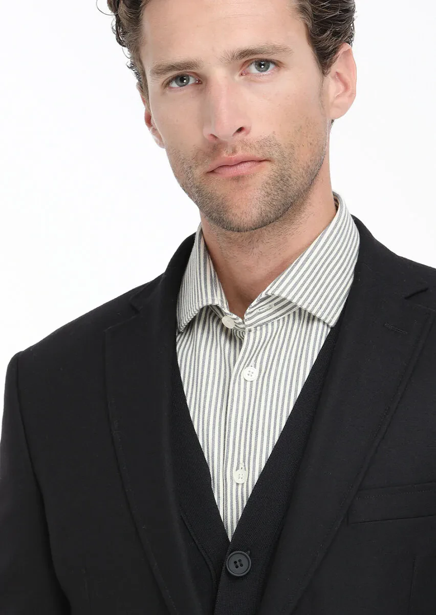 Black Plain Zeroweight Slim Fit Wool Blended Jacket - 3