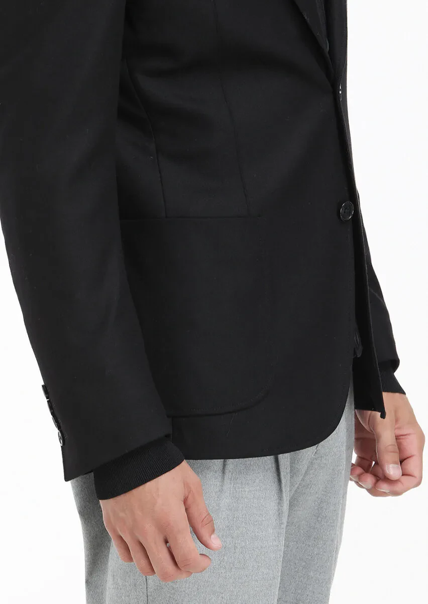 Black Plain Zeroweight Slim Fit Wool Blended Jacket - 4