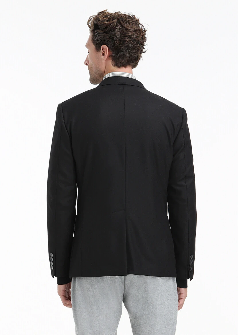 Black Plain Zeroweight Slim Fit Wool Blended Jacket - 5