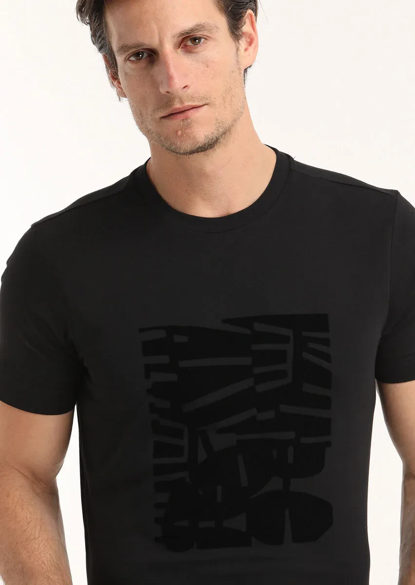 Black Printed Crew Neck 100% Cotton T-Shirt - 2