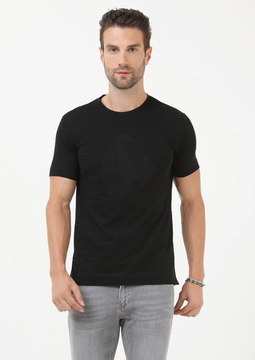 Black Printed Crew Neck Cotton Blended T-Shirt - 1