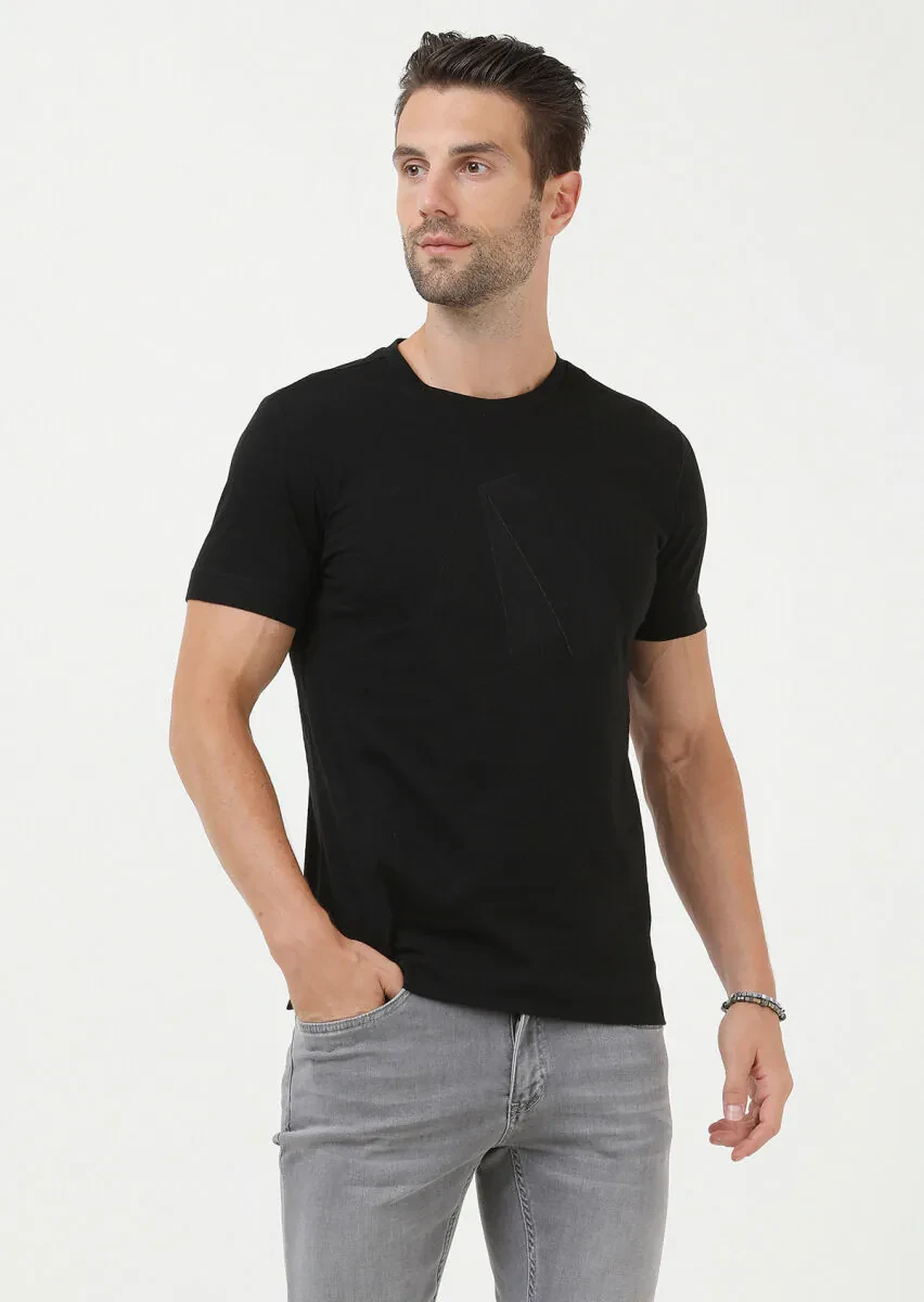 Black Printed Crew Neck Cotton Blended T-Shirt - 3