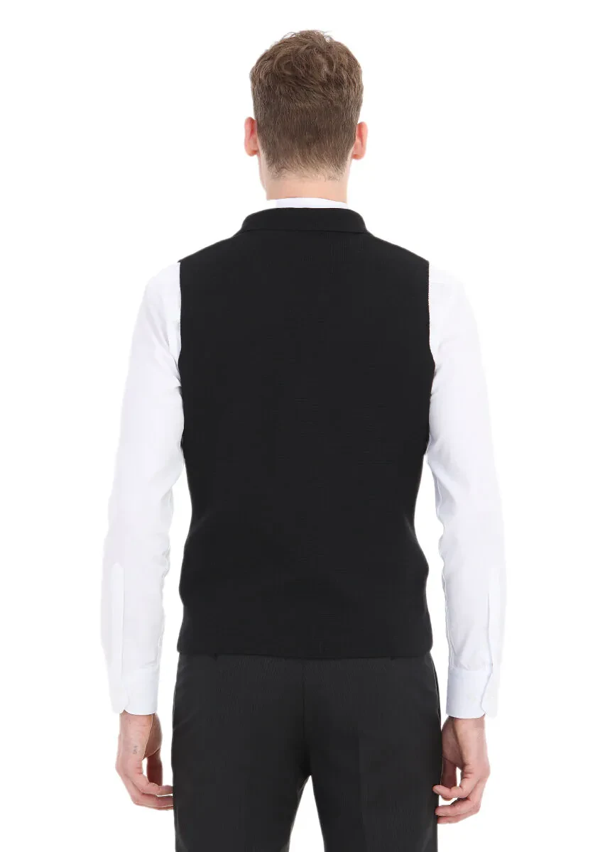 Black Regular Fit Butterfly Collar Casual Knitting Knit Vest - 4