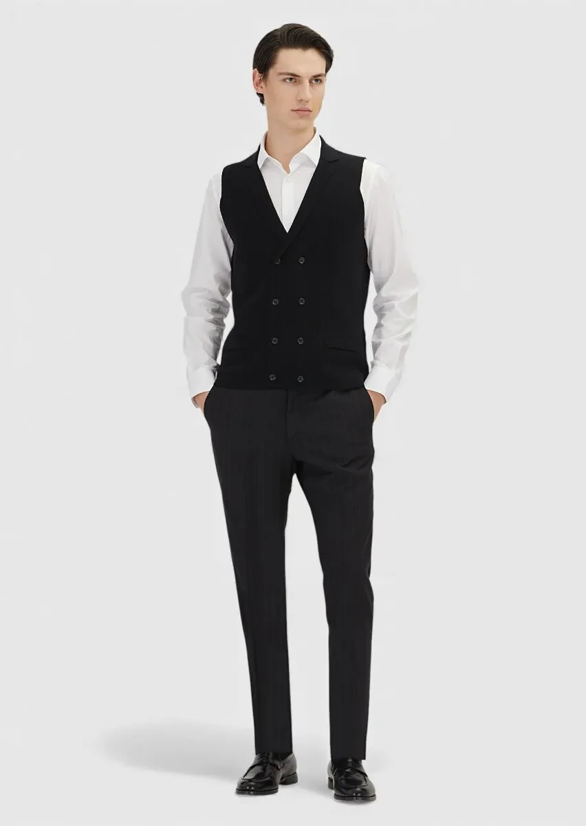 Black Regular Fit Butterfly Collar Casual Knitting Knit Vest - 2