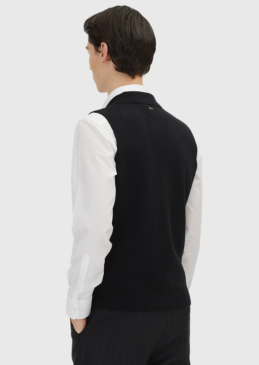 Black Regular Fit Butterfly Collar Casual Knitting Knit Vest - 4