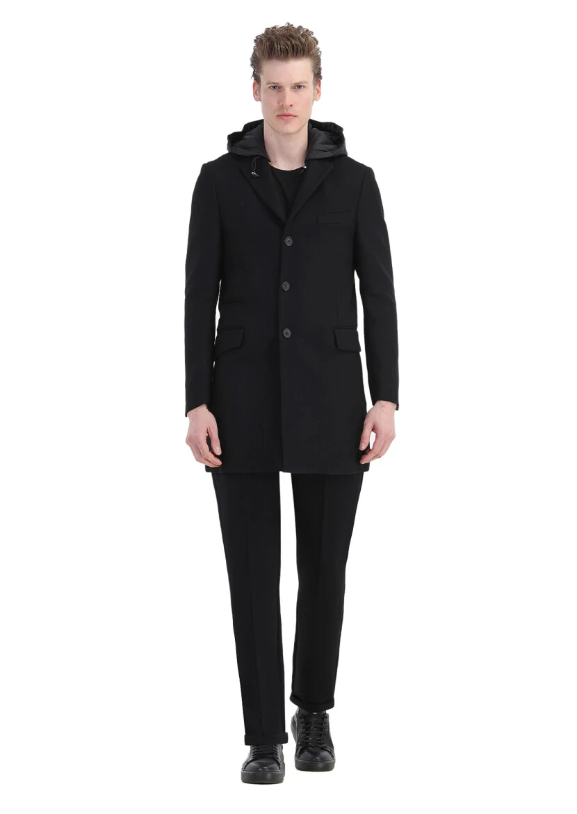 Black Regular Fit Butterfly Collar Casual Weaving Overcoat - RAMSEY