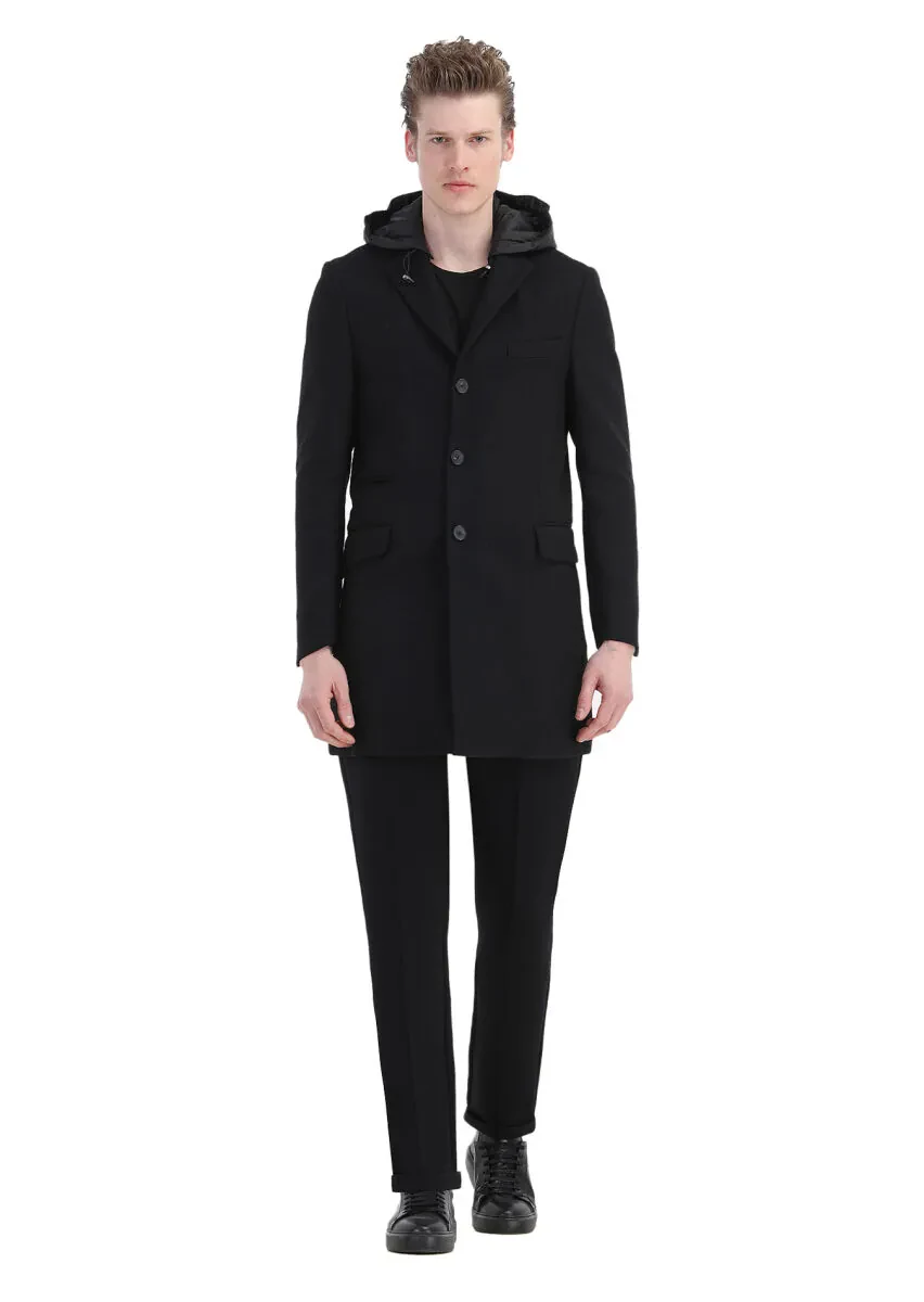 Black Regular Fit Butterfly Collar Casual Weaving Overcoat - 2